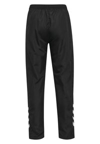 Zwarte trainingsbroek gemaakt van lichtgewicht materiaal, met een elastische tailleband en witte schuine strepen langs de zijnaden.