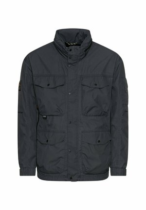 Dunkelmarineblaue Jacke mit langen Ärmeln, hohem Kragen, vorderen Druckknöpfen und vier Klappentaschen mit Knopfverschluss.