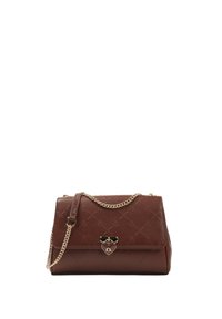 Brown leather handbag with embossed pattern, gold chain strap, flap closure, and heart-shaped hardware accent. Rectangular shape, smooth texture.