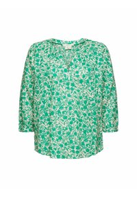 Blusa floreale verde con maniche 3/4, scollatura a V, tessuto leggero e vestibilità ampia. Presenta uno sfondo bianco con diversi motivi verdi.