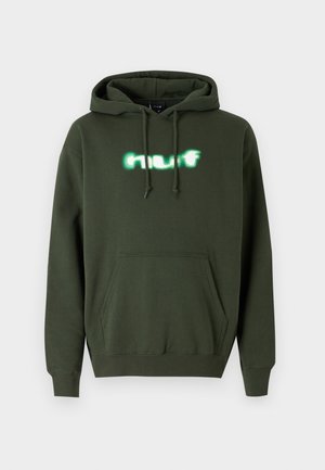 Oliven grøn hætte sweatshirt i blødt materiale med en frontlomme og et reflekterende logoaccent. Ribbet manchetter og kant.