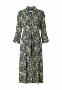 Vestito a maniche lunghe di lunghezza media in blu scuro con un motivo floreale in crema, rosso e verde. Presenta una chiusura frontale con bottoni e una cintura in vita.