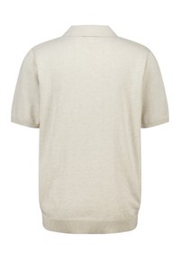 Polo a maniche corte beige con colletto, texture liscia, orlo a coste e senza motivi o decorazioni visibili.