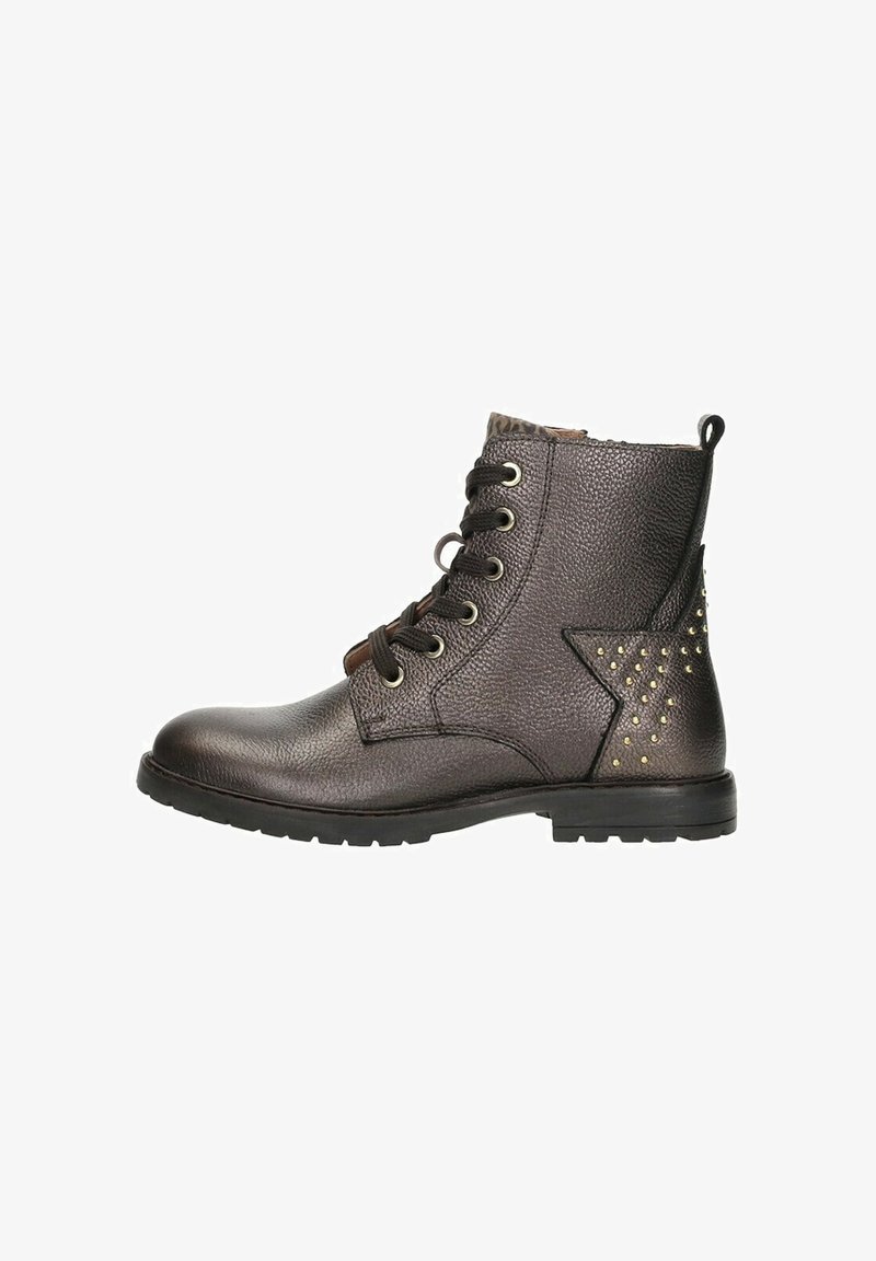 Brown leather ankle boots with textured surface, round toe, and metallic studs on a star design at the heel. Black rubber sole, lace-up front.
