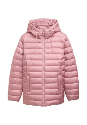 Hellrosa Puffy-Jacke mit Kapuze, horizontalen Steppnähten, Frontreißverschluss und zwei seitlichen Taschen. Glatte, glänzende Textur.