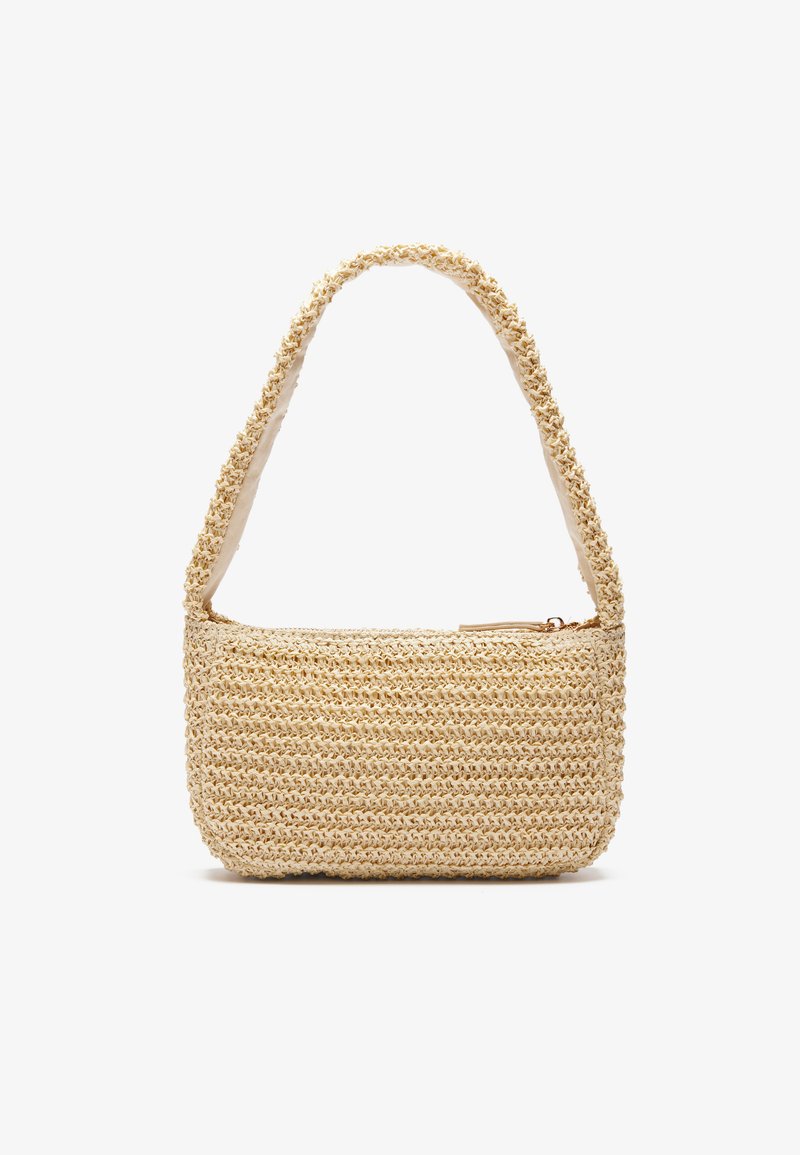 Woven straw shoulder bag in light beige, featuring a smooth fabric lining, a zip closure, and a rounded strap for easy carrying.