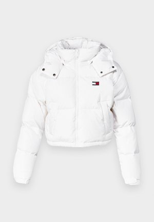 White cropped puffer jacket with hood, featuring a zip closure, front pockets, and a small logo patch on the chest. Smooth texture.