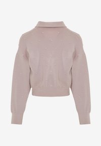 Hellrosa Pullover mit einem Kragen und cropped Design. Verfügt über strukturierte Polka-Dots sowie gerippte Bündchen und Saum. Weiches Strickmaterial.