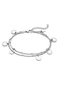 Silver metal bracelet featuring two layered chains with round discs and engraved accents. Adjustable clasp with extender chain.