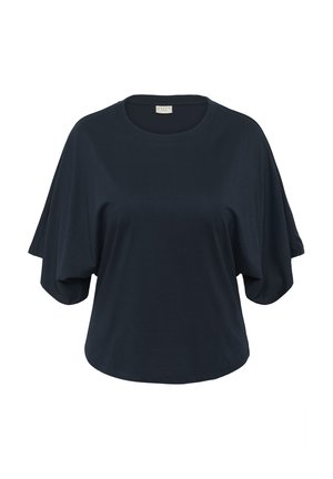 Schwarzes kurzärmeliges Oberteil in lockerer Passform mit weiten Ärmeln und rundem Ausschnitt, präsentiert vor einem schlichten weißen Hintergrund.