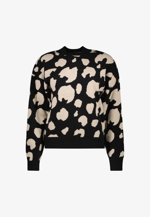 Zwarte trui met een leopardprintpatroon in beige, ronde halslijn, lange mouwen en ribgebreide manchetten en zoom. Zachte gebreide textuur.