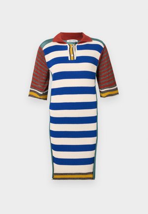 Striped dress in ribbed knit; features a red collar, short sleeves, and a mix of blue, white, green, and yellow colors. Buttons at neckline.