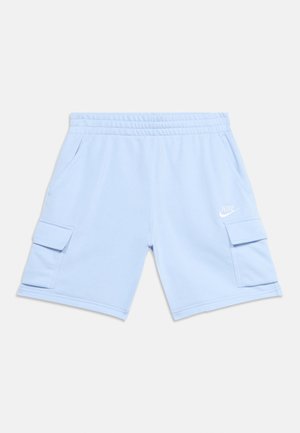 Hellblaue Nike-Shorts mit elastischem Bund, Seitentaschen und Cargotaschen an beiden Beinen.
