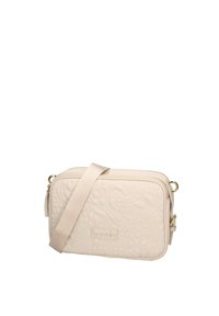 Borsa a tracolla color crema con motivo floreale in rilievo, tessuto morbido con leggera lucentezza, dettagli in hardware dorato, tracolla regolabile.