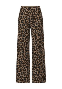 Weite Hosen aus glattem Stoff mit Leopardenmuster in Schwarz auf tanfarbenem Hintergrund, mit flachem Bund und ohne sichtbare Verschlüsse.