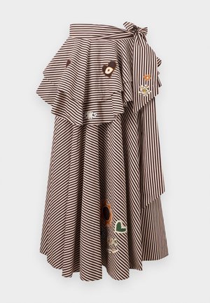 Striped brown and beige layered midi skirt with a tied waist and colorful patchwork designs including hearts and flowers.