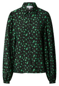Blusa nera con stampa floreale verde, con bottone frontale e maniche lunghe a sbuffo. Presenta un colletto classico e polsini arricciati.