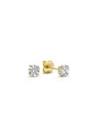 Runde Diamant-Stiftohrringe aus Gelbgold, mit einem vier-prong Design, poliertem Metall und klaren, funkelneden Steinen.