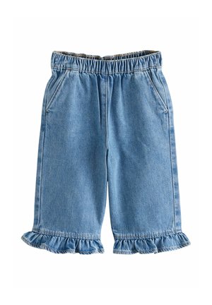 Light blue denim shorts with elastic waistband, side pockets, and ruffled hems for a casual, comfortable fit.