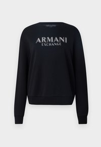 Zwarte sweatshirt met ronde halslijn, lange mouwen en ribgebreide manchetten. "ARMANI EXCHANGE" logo in zilver op de voorkant. Zacht katoenmateriaal.