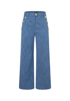 Blauwe denim broek met hoge taille en brede pijpen, voorzien van gouden knopen langs de zijkanten en op de sluiting van de tailleband.