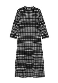 Mustavalkoinen pitkähihainen midimekko, jossa on geometrinen vaakaraidallinen kuvio ja pyöreä pääntie.