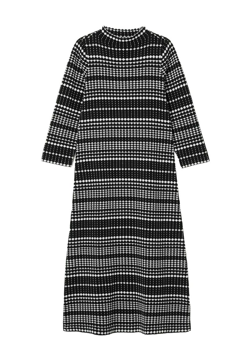 Mustavalkoinen pitkähihainen midimekko, jossa on geometrinen vaakaraidallinen kuvio ja pyöreä pääntie.