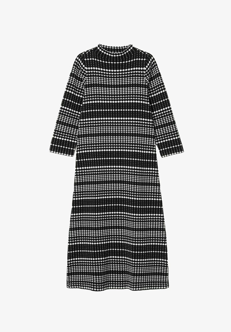 Mustavalkoinen pitkähihainen midimekko, jossa on geometrinen vaakaraidallinen kuvio ja pyöreä pääntie.