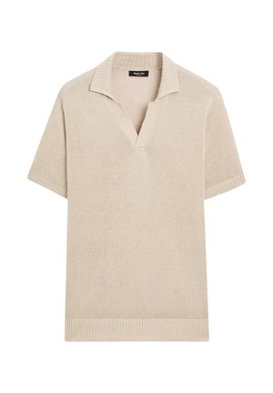 Beige kortærmet polo sweater med V-hals, ribbet krave og kant. Fremstillet af blødt strikket stof med en subtil tekstur.