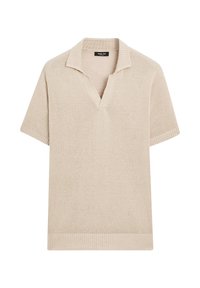 Beige short-sleeve polo sweater with a V-neck, ribbed collar, and hem. Made of soft knit fabric with subtle texture.