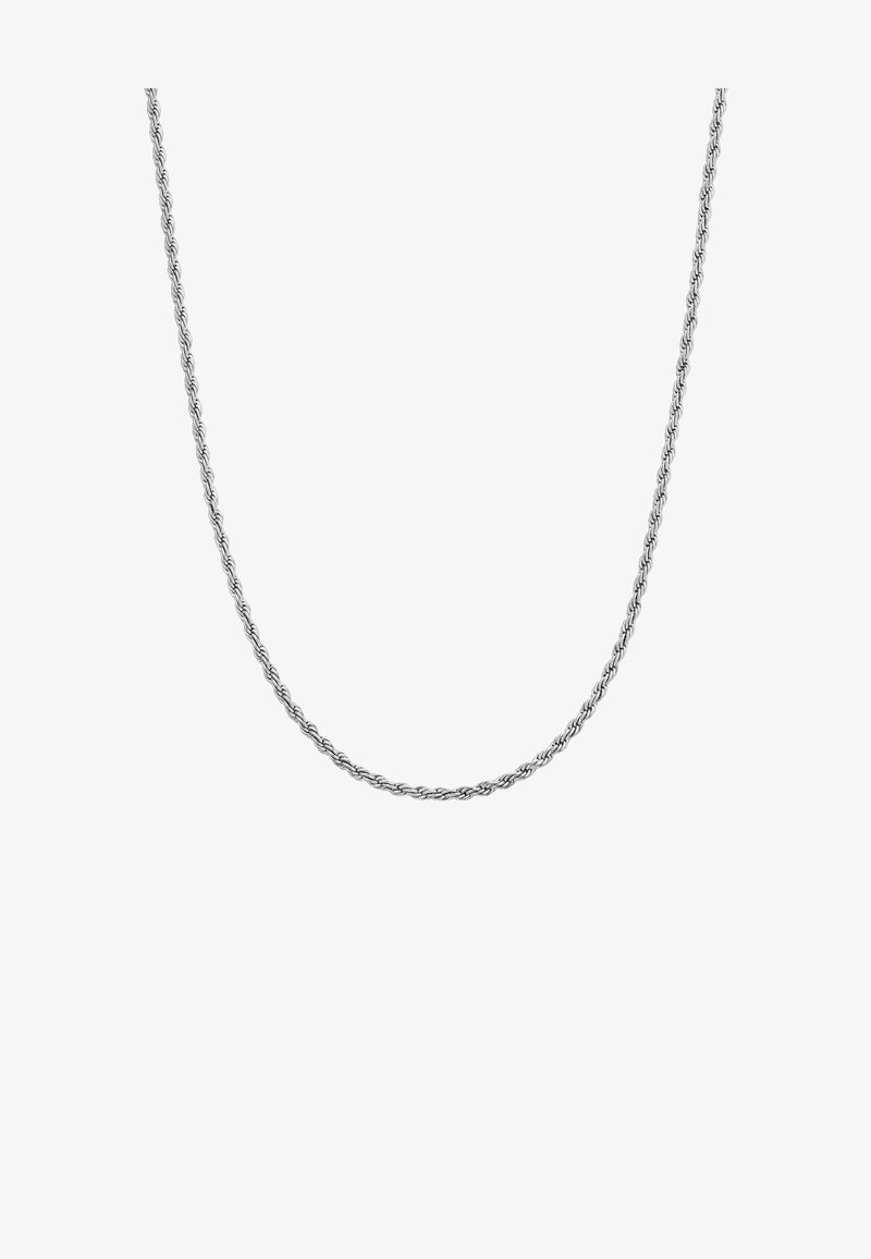 Zilveren metalen kettinghalsband met een gedraaide vorm, met een gladde, gepolijste oppervlakte en een uniforme dikte over de hele lengte.