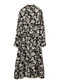 Vestito nero con maniche lunghe, motivo floreale bianco, vita stretta e gonna fluida. Realizzato in tessuto morbido con colletto e dettagli con bottoni.