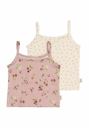 Tüdrukute topide paari: üks heledat roosat värvi maasika ja lillede mustriga, teine koorevalge väikeste punaste südame mustriga. Pehme puuvillane kangas.