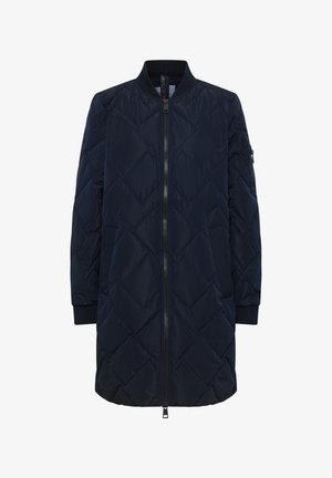 Veste matelassée bleu marine avec fermeture éclair à l'avant, motif en losange, poignets côtelés et col rond. Équipée de poches latérales et d'un design élégant.
