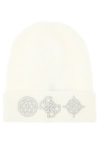 Cappello a berretta bianco in maglia a coste con risvolto, caratterizzato da sottili design ricamati in grigio, inclusi simboli e motivi sulla parte frontale.