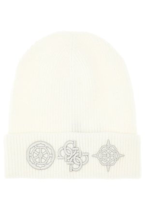 Cappello a berretta bianco in maglia a coste con risvolto, caratterizzato da sottili design ricamati in grigio, inclusi simboli e motivi sulla parte frontale.