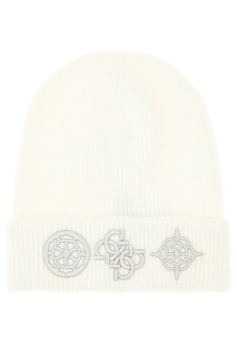 Cappello a berretta bianco in maglia a coste con risvolto, caratterizzato da sottili design ricamati in grigio, inclusi simboli e motivi sulla parte frontale.