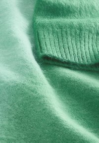Green knitted fabric showing a soft, fuzzy texture with a ribbed cuff. The color is a light, mint green, creating a cohesive look.