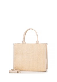 Beige geweven stof handtas met gladde leren accenten, dubbele handvatten en een afneembare schouderriem. Rechthoekige vorm met een subtiel patroon.