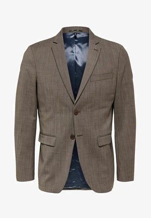 Smeđa sako jakna s teksturiranim materijalom, dva prednja džepa, dva dugmeta i tamnoplava satenska obloga. Istaknuti pojedinačni džep na prsima.