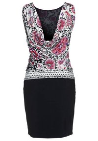 Ärmlös klänning med blommönster i rosa och svart på toppen, som övergår till en helsvart kjol. Mjuk tyg med draperad halsringning.