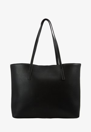Zwarte tote bag met een textured leren buitenkant, hoge rechthoekige vorm, twee lange handvatten en een open ontwerp. Geen zichtbare hardware.