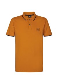 Oranžová polo košile s krátkým rukávem, černým límečkem a lemy rukávů, dvoubotkovou légou a kruhovým logem na levé hrudi.