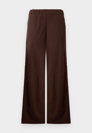 Donkerbruine brede corduroy-broek met elastische tailleband, vooraanzicht op een witte achtergrond.