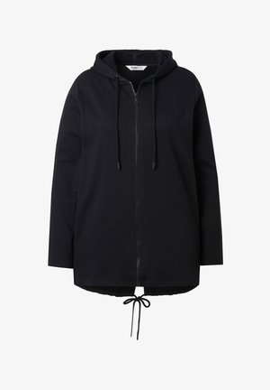 Chaqueta con capucha negra, de manga larga, con cremallera y cordón ajustable en el dobladillo y cuerdas ajustables en la capucha.
