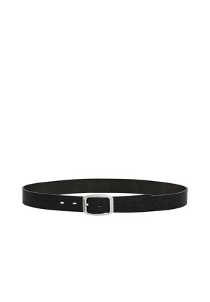 Black leather belt with a square silver buckle, featuring five holes for size adjustment and embossed brand logo on the inner side.