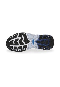 Suela de zapato con un esquema de colores en blanco y negro con acentos en azul. Suela de goma texturizada con patrones de banda de rodadura intrincados para mayor agarre.