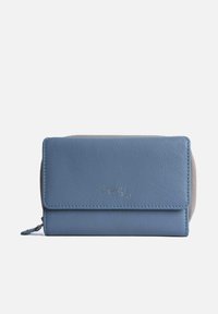 Blue leather wallet with a smooth texture and silver logo. Features a fold-over flap and zippered closure, compact rectangular shape.