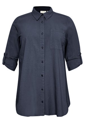 Navy button-up shirt with a collared neckline, long sleeves, and a single chest pocket. Made of lightweight fabric with a slightly textured finish.