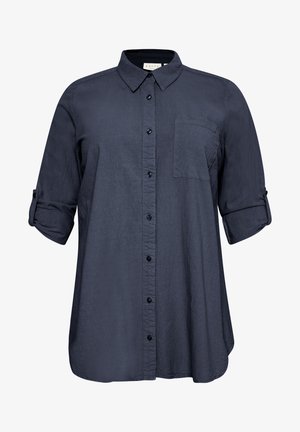 Camicia navy con bottoni, colletto, maniche lunghe e una tasca sul petto. Realizzata in tessuto leggero con una finitura leggermente testurizzata.